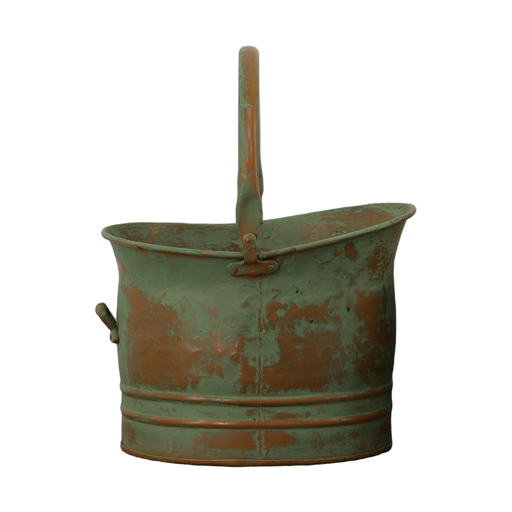 Benjara Tinged Metal Bucket Planter Set of 3, Patina Rust Green Finish, Decorative Planters with Side Handles, Rustic