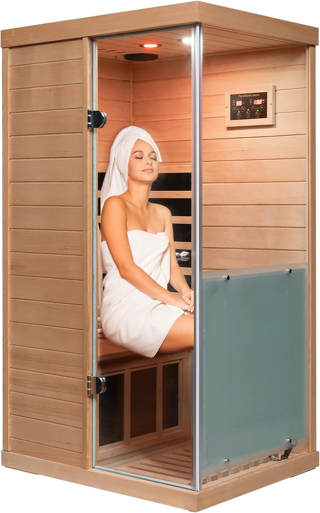 Sauna Infrared Saunas for Home 1 Person, 1060W Far Infrared Sauna Room Hemlock Wood Indoor Saunabox with Tempered Glass, Blue-Tooth Speakers, LCD-Display Control Panel A129-B0DS8SHKMD