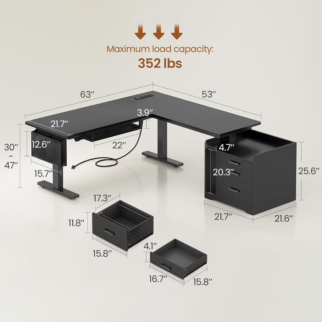 L Shaped Standing Desk with File Cabinet, 3 Drawers, Power Outlet | 63 x 53'' Electric Height Adjustable Gaming