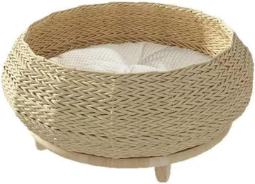 Extra Large Handwoven Paper Rope Wicker Rattan Pet Cat Dog Nest Basket Bed, Elevated Couch with Wooden Base, Cozy