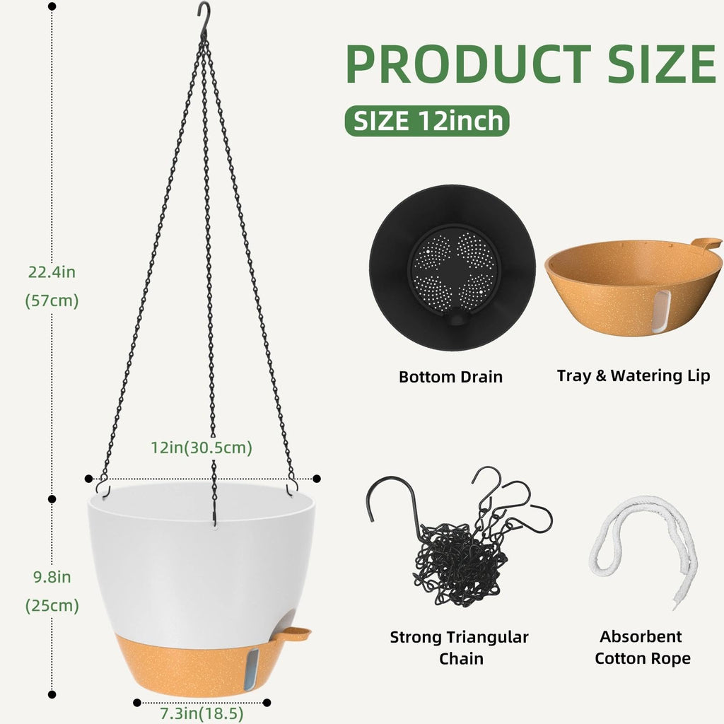 12 Inch Large Self Watering Hanging Planters for Indoor Outdoor Plants - Water Level Indicator & Removable 60 Oz