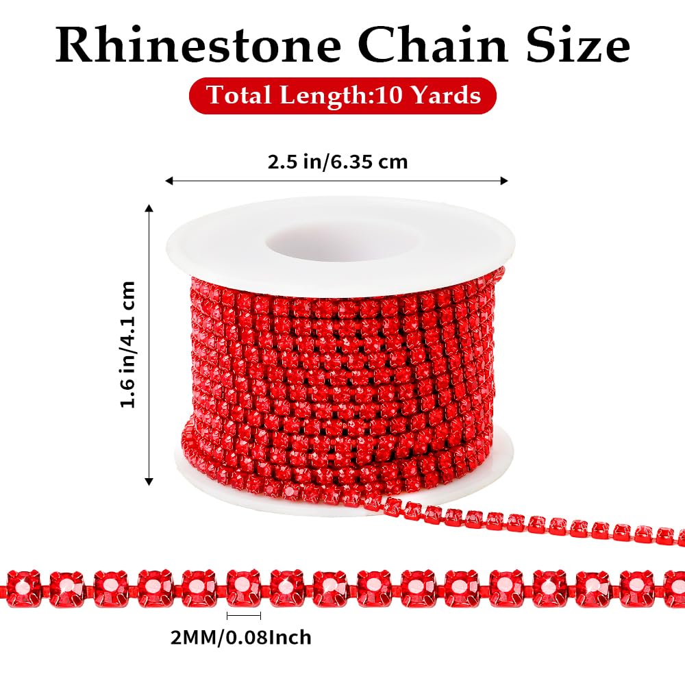 Rhinestone Chain 2mm Rhinestone Trim Roll Red Diamond Chain Strips Crystal Rhinestone Close Chain Bling - 10 Yards