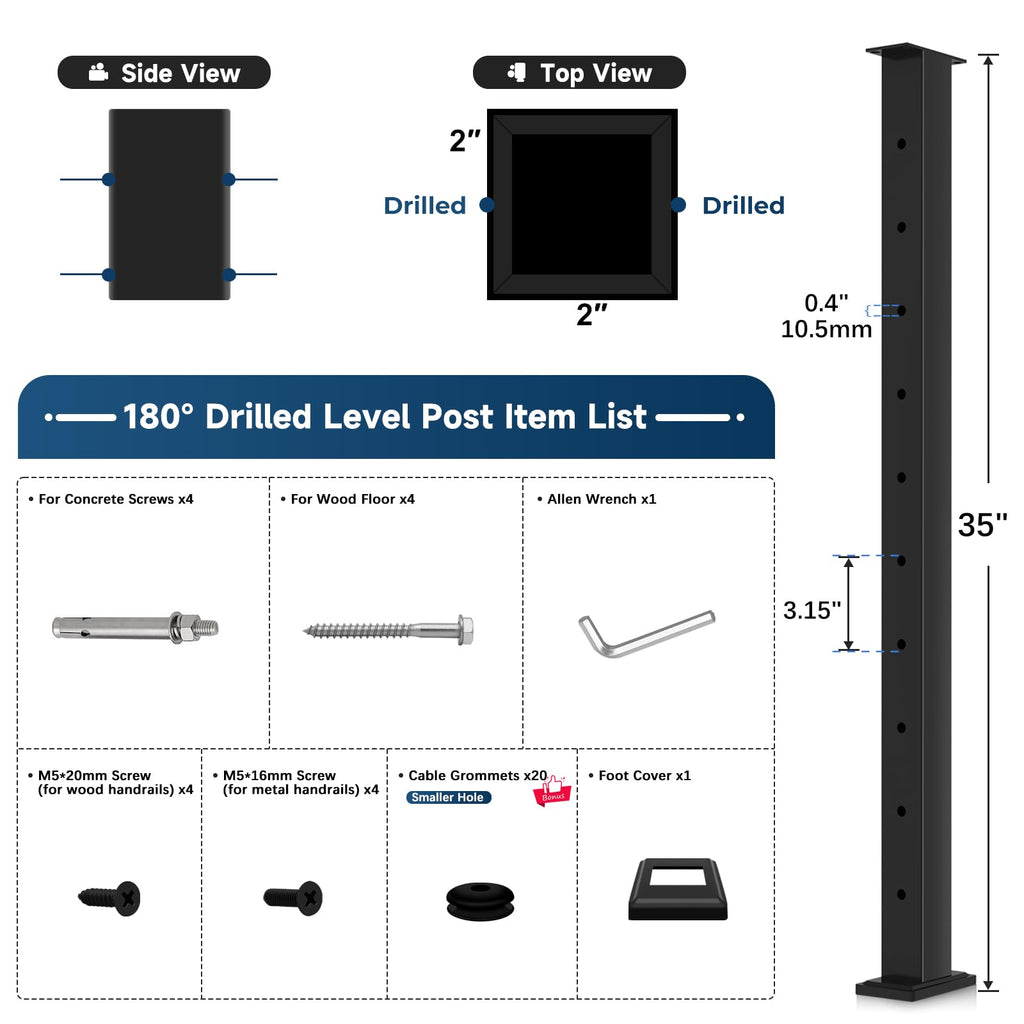36" Modular Cable Railing Post for Deck Railing, Flat Top Level Post