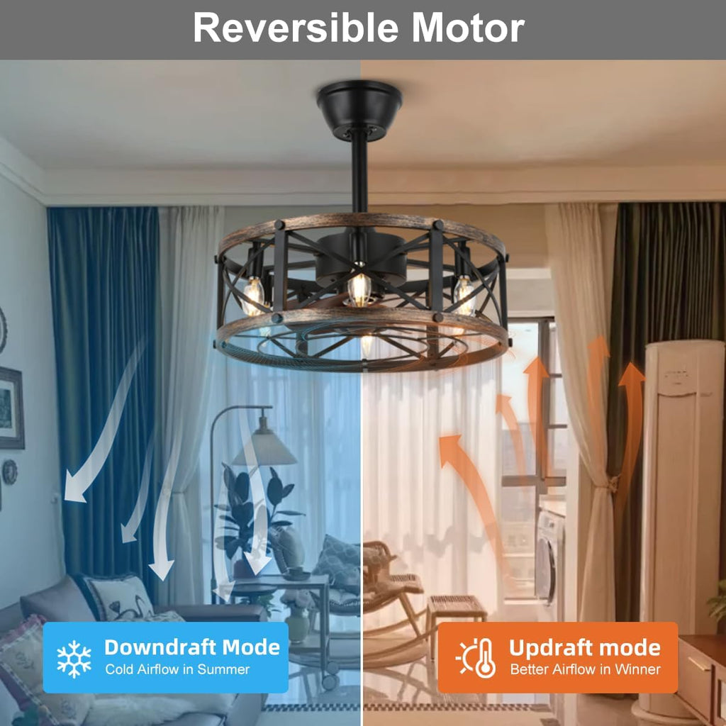 19" Farmhouse Fandelier Ceiling Fan with Light, Caged Bladeless Ceiling Fans with Lights and Remote, Modern Small Enclosed Ceiling Fans with Lights for Living Room, Bedroom, Black A101-B0CD3WXJ43