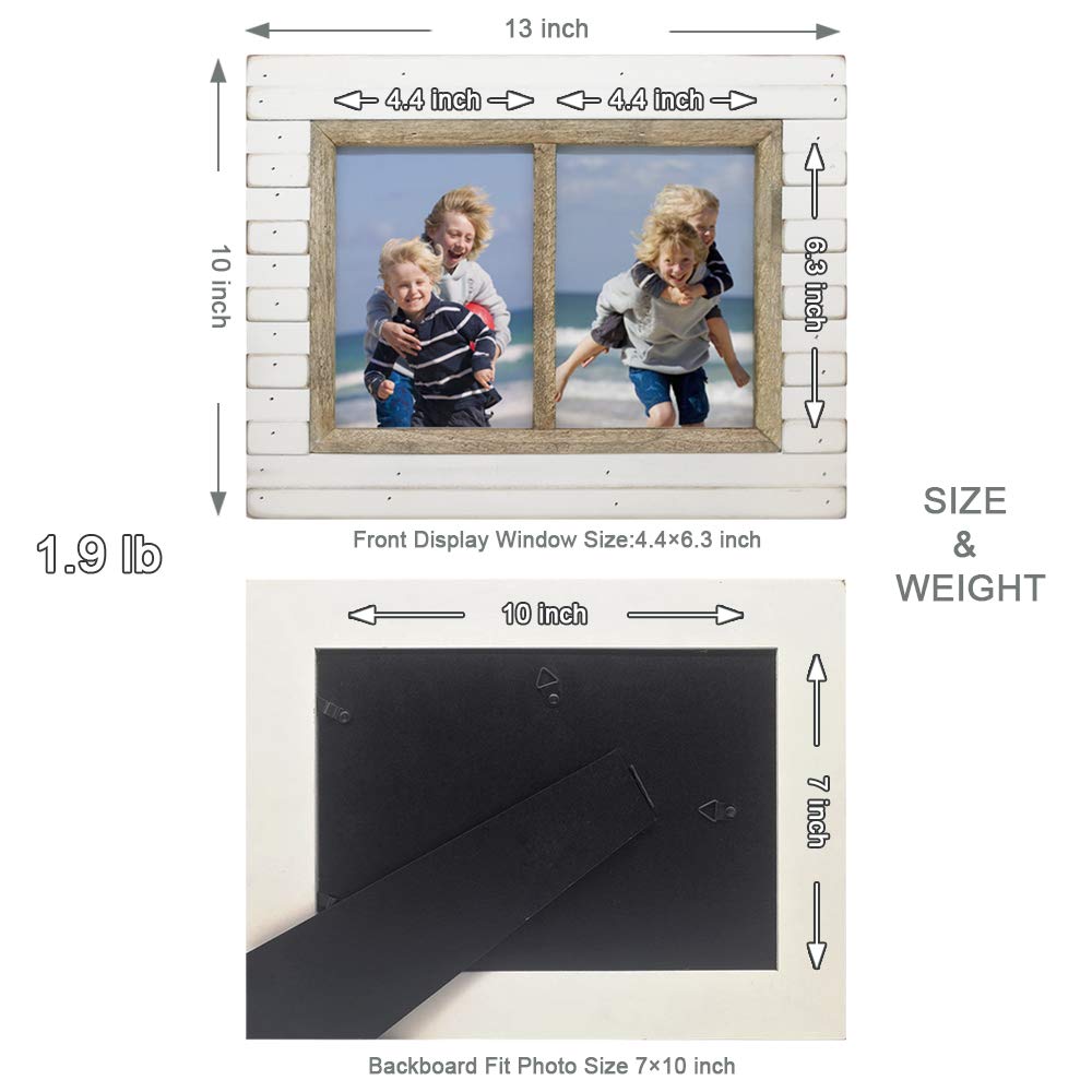 2 Opening 5x7 Rustic White Wood Picture Frame, Farmhouse Collage Photo Frame for 2 Photos, Wall Mount & Tabletop