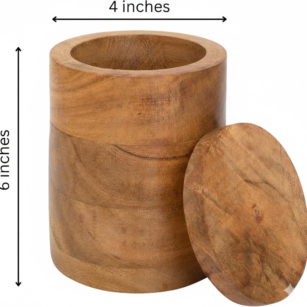 Decorative Acacia Wood Storage Jar With Wooden Lid For Dry Foods, Round Container For Cookies Coffee Tea Flour Sugar