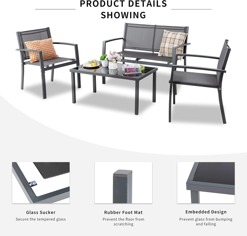 4 Pieces Patio Furniture Set All Weather Textile Fabric Outdoor Conversation Set, with Glass Coffee Table, Loveseat