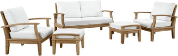 Marina Premium Grade A Teak Wood 5-Piece Outdoor Patio Furniture Set in Natural White