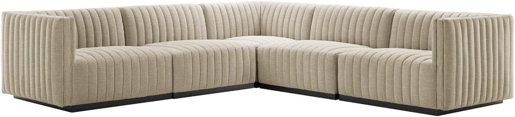Conjure 5Pcs L-Shaped Channel Tufted Fabric Sectional in Beige/Black