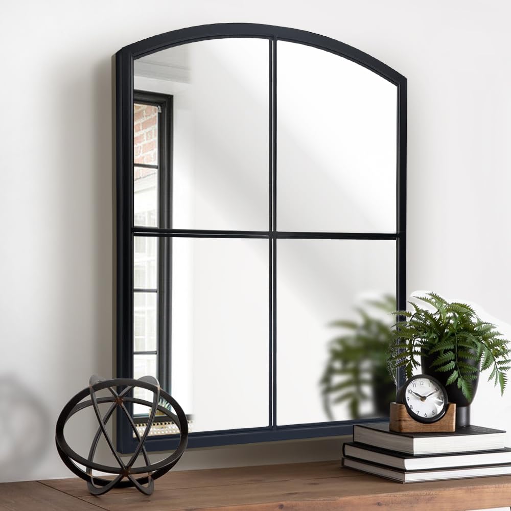 Black Window Pane Mirror, Farmhouse Arched Grid Mirrors for Fireplace/Entryway/Hallway/Living Room 28"X36"