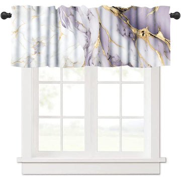 Luxury Pink Kitchen Valance, Abstract Purple White Gold Marble Lines Texture Print Blackout Short Window Curtain