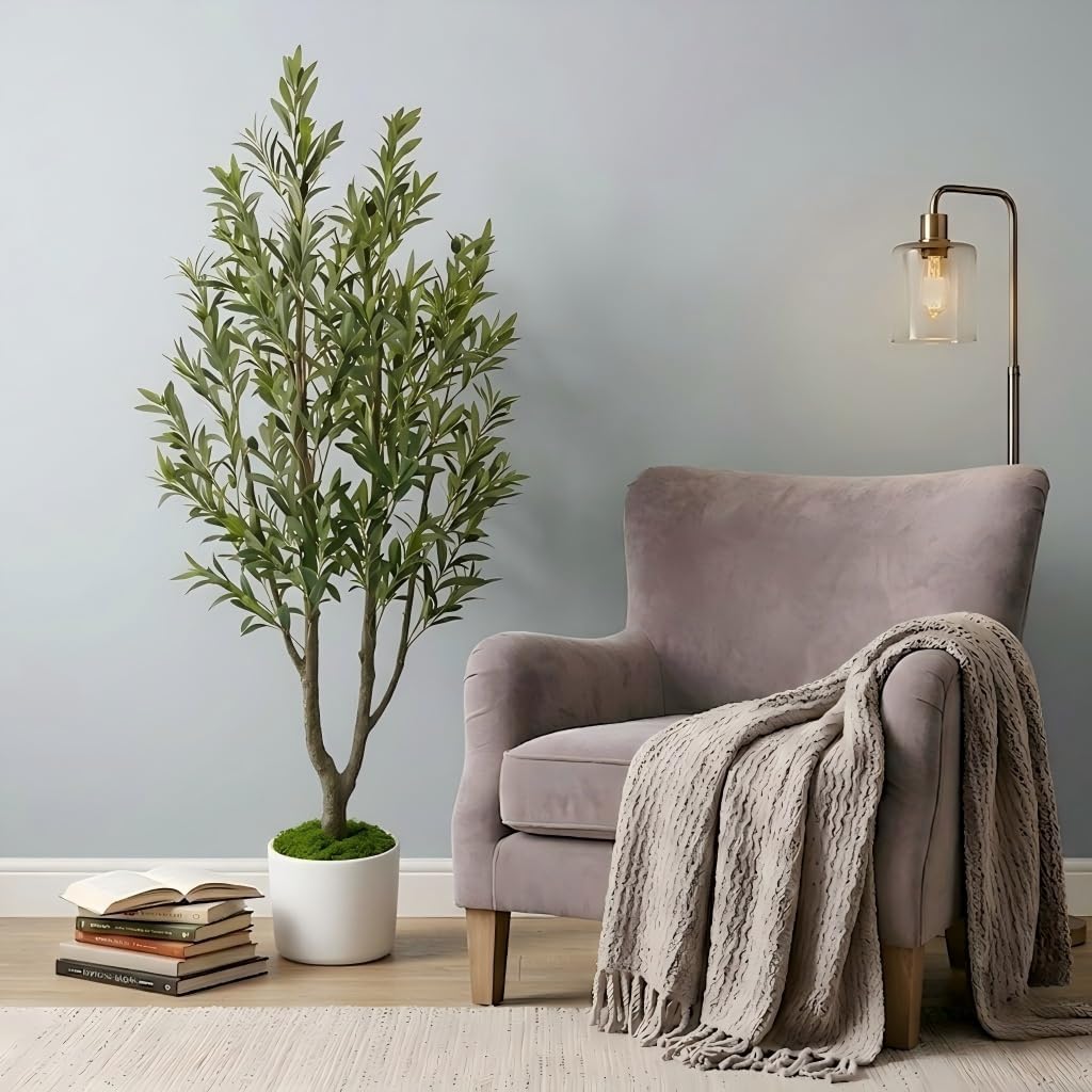 6FT Artificial Olive Tree with White Tall Planter, 72" Realistic Silk Leaves & Fruits Faux Olive Tree, Tall Potted