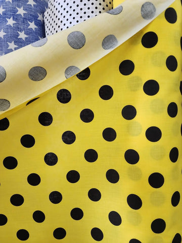 58 inches Wide Poly Cotton Printed Big Polka Dots Sold by The Yard (Yellow/Black)