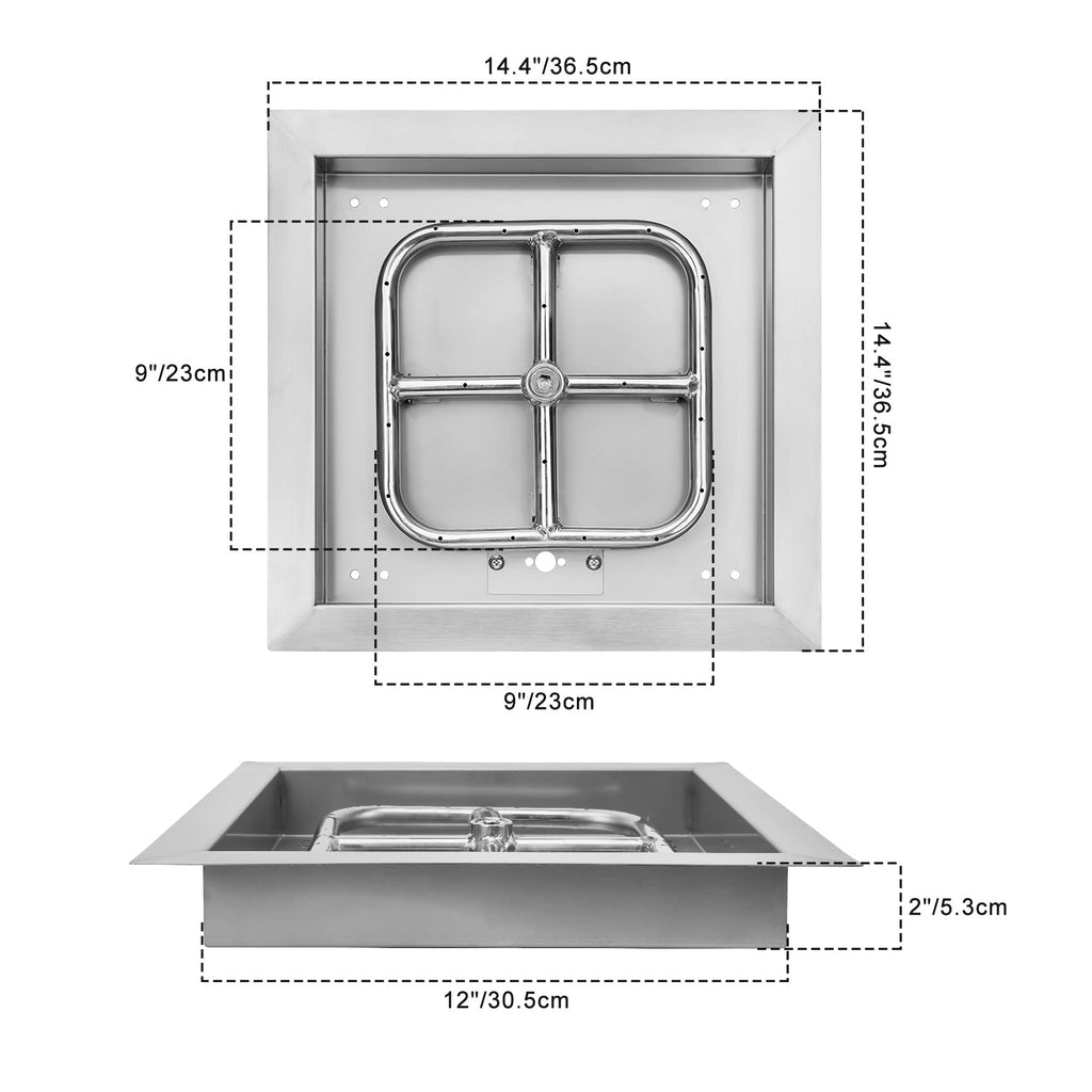 12" Square Fire Pit Burner Pan with Square Burner Ring, 88, 000 BTU