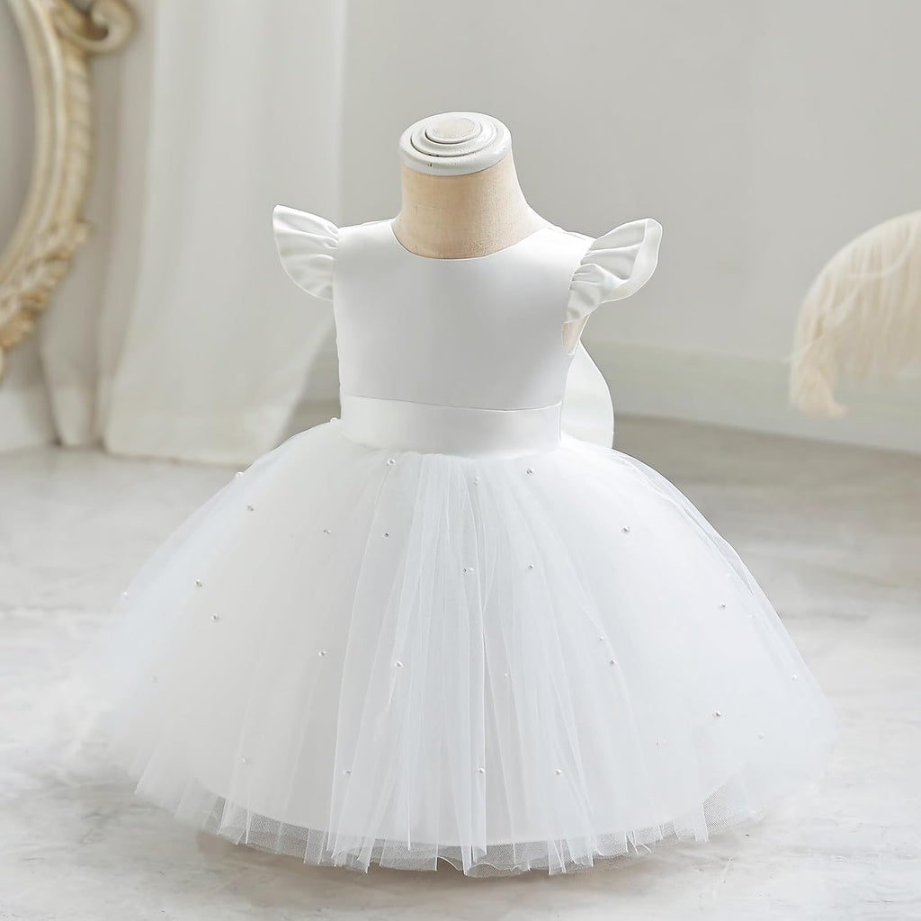 Infant Baby Girls Wedding Flower Girl Dress Pearls Tulle Tutu Dress Bowknot V Back Pageant Party Birthday Formal