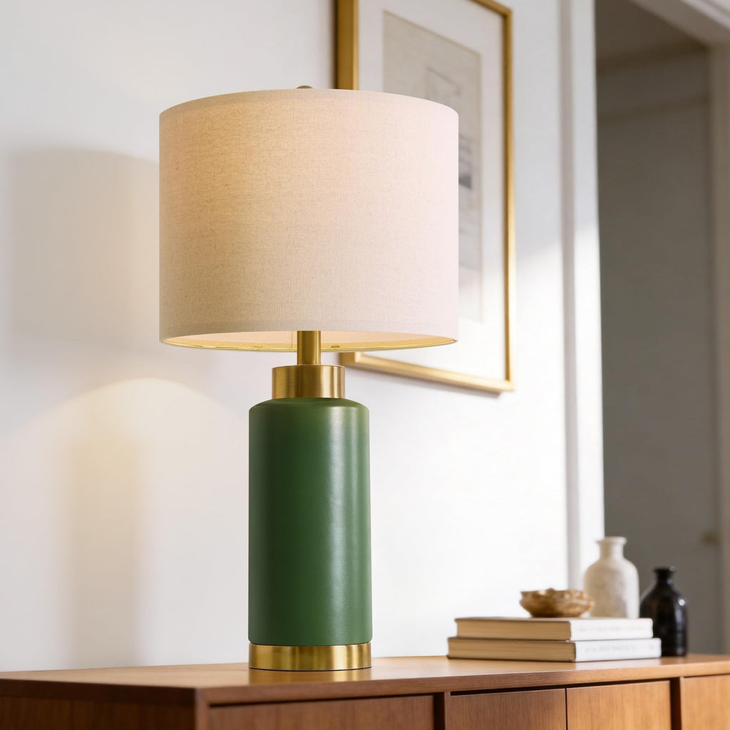 25" Green Ceramic Table Lamp Set of 2, Modern Mid-Century Bedside Nightstand Lamps Living Room, Linen Shade & Gold