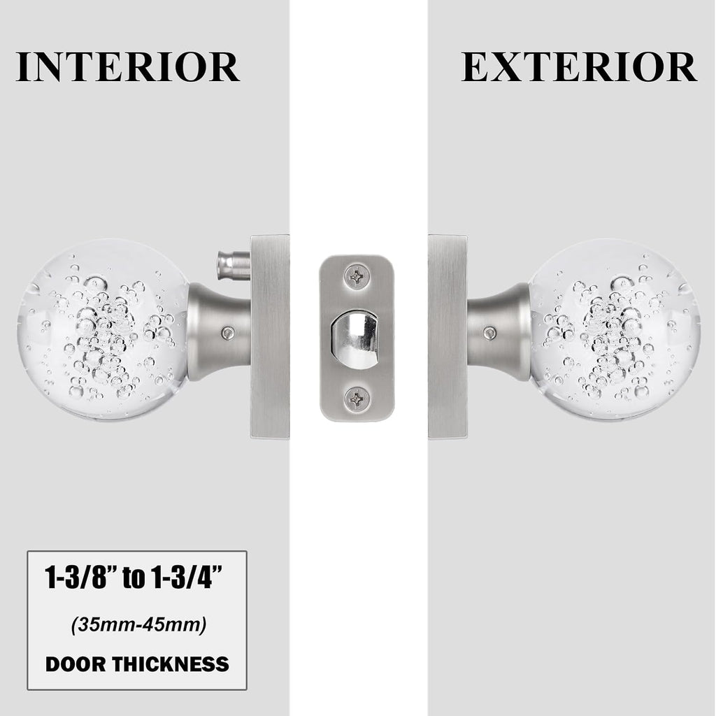 Glass Door Knobs Interior with Lock, Crystal Door Knobs Round Privacy Clear Bubble for Bed Bath Brushed Nickel