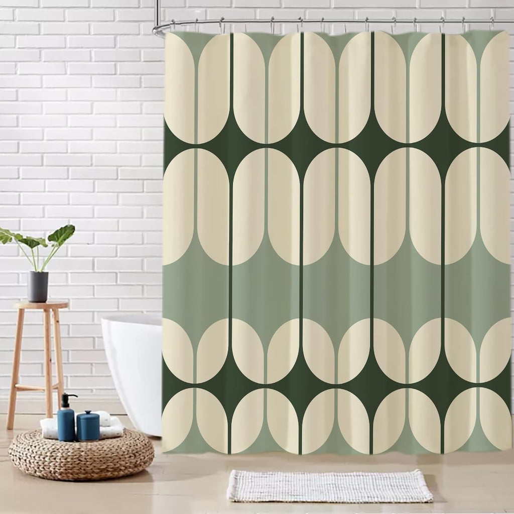 Boho Sage Green Shower Curtain Sets, Abstract Retro Geometric Shower Curtain, Morden Boho Bathroom Decor Bath