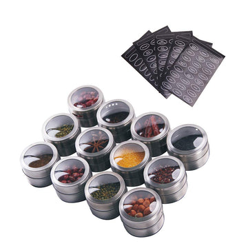 12 Powerful Magnetic Spice Tins- Stainless Steel Spice Storage Containers, Kitchen Spice Jars with Clear Lid