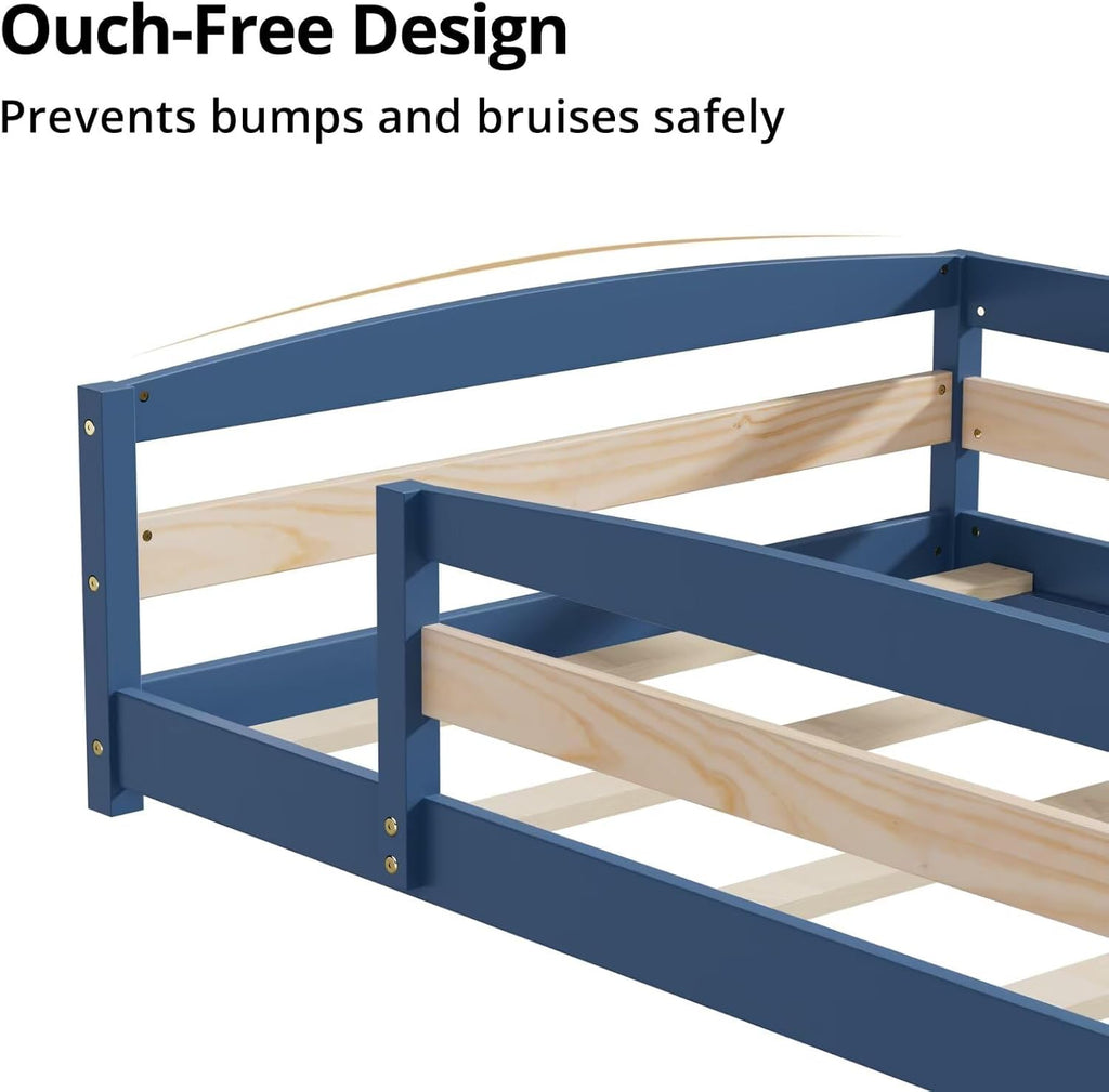 Floor Bed Frame with 2 Openings, Wooden Low Montessori Bed with Safe Guardrails for Boys Girls, Mist Blue