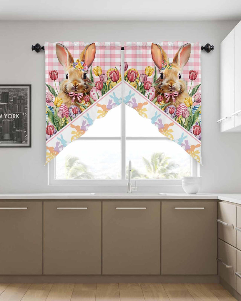 Swag Valances for Windows, Easter Rabbit Tulips Buffalo Check Rod Pocket Thermal Insulated Kitchen Window Curtains