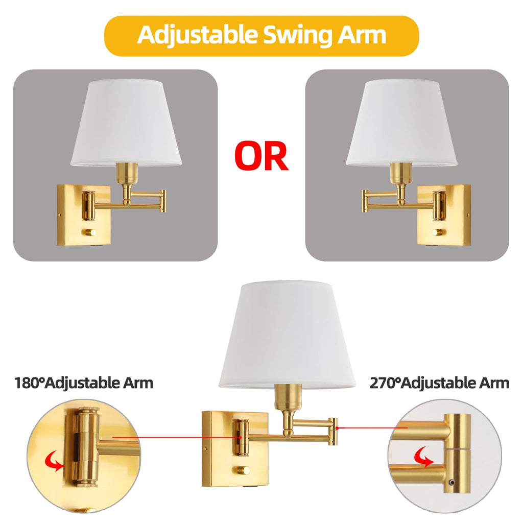 Gold Swing Arm Wall Lamp White Fabric Shade Plug in or Hardwired