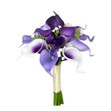 Isabella 8" Wedding Bouquet - Shades of Purple, Lavender White with Real Touch Calla Lily