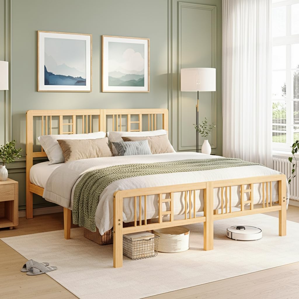 10 Inch High Solid Bamboo Wood King Size Bed Frame with Headboard and Footboard, Platform King Bed Frame with Metal