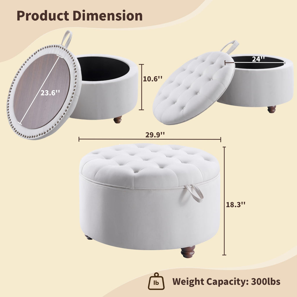 30" Round Storage Ottoman Coffee Table, Tufted Lid & Wood Top, Beige