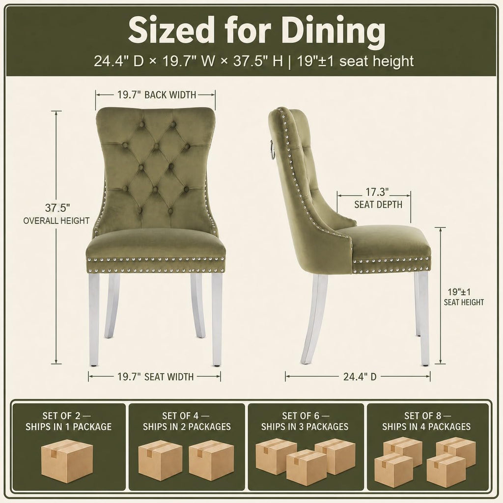 Olive Velvet Dining Chairs Set of 2, Tufted Kitchen & Dining Room Chairs