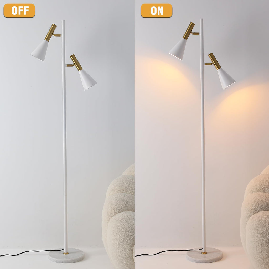Elegant Modern Floor Lamp with 2 Adjustable Head, White and Gold Stand up Lamps with Marble Base, Tall Pole