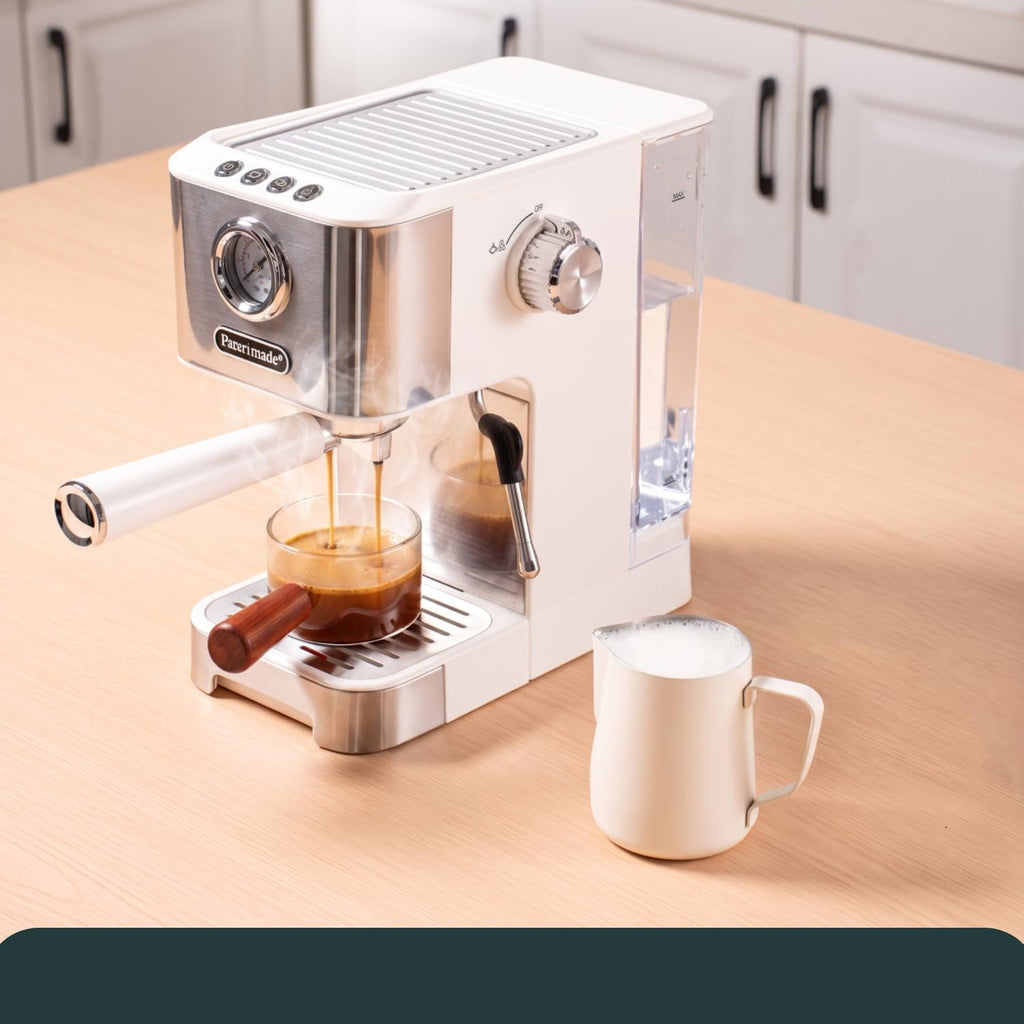 White Espresso Machine with Milk Frother & Pressure Gauge
