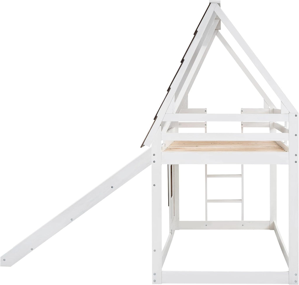 Twin Over Twin House Bunk Bed Frame with Roof,Window,Ladder and Slide for Boys Girls, White & Brown
