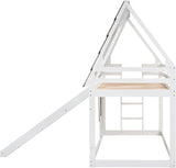 Twin Over Twin House Bunk Bed Frame with Roof,Window,Ladder and Slide for Boys Girls, White & Brown