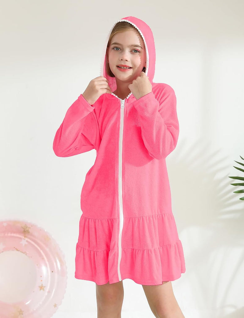 Girls Swim Cover Up Kids Long Sleeve Swimsuit Coverup Terry Beach Pool Clothes with Sunglasses