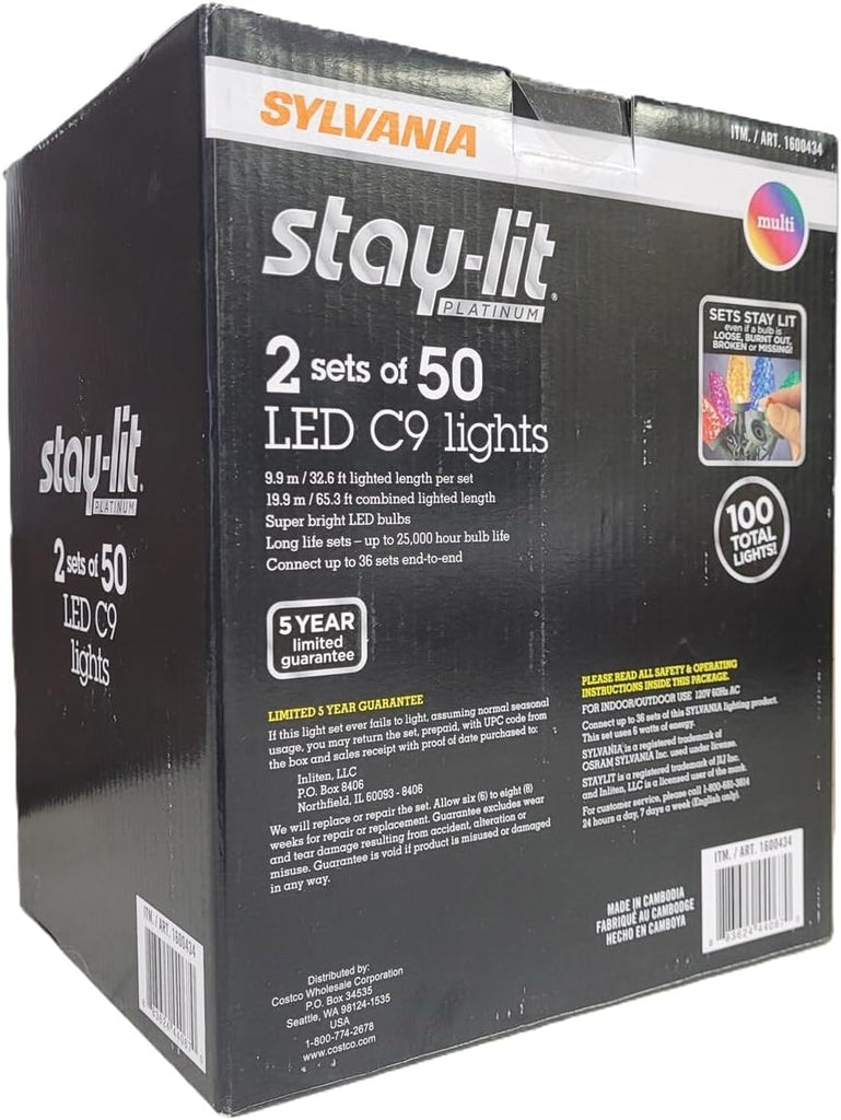 Stay-Lit Platinum Strings Christmas Lights - LED C9 Multi Color Lights - (2 Strings of 50 Lights)