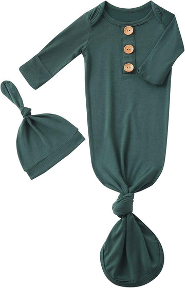 Newborn Baby Boys Girls Knotted Gown Hat Set Soft Bamboo Viscose Infant Sleeper Baby Sleep Gown with Mittens