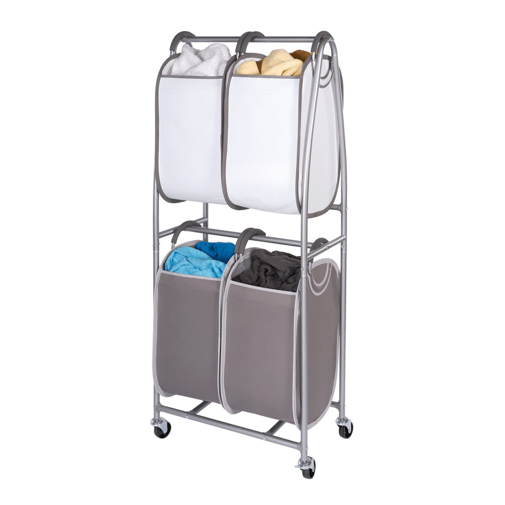 2 Tier Vertical Rolling Laundry Cart - Rolling Storage Cart On Wheels With 4 x Tote Hampers For Laundry, Towels