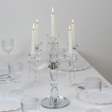 Crystal 5-Arm Candelabra Taper Candle Holder with Hanging Prisms & Round Mirror Base - Faceted Cut Glass Design - 14"