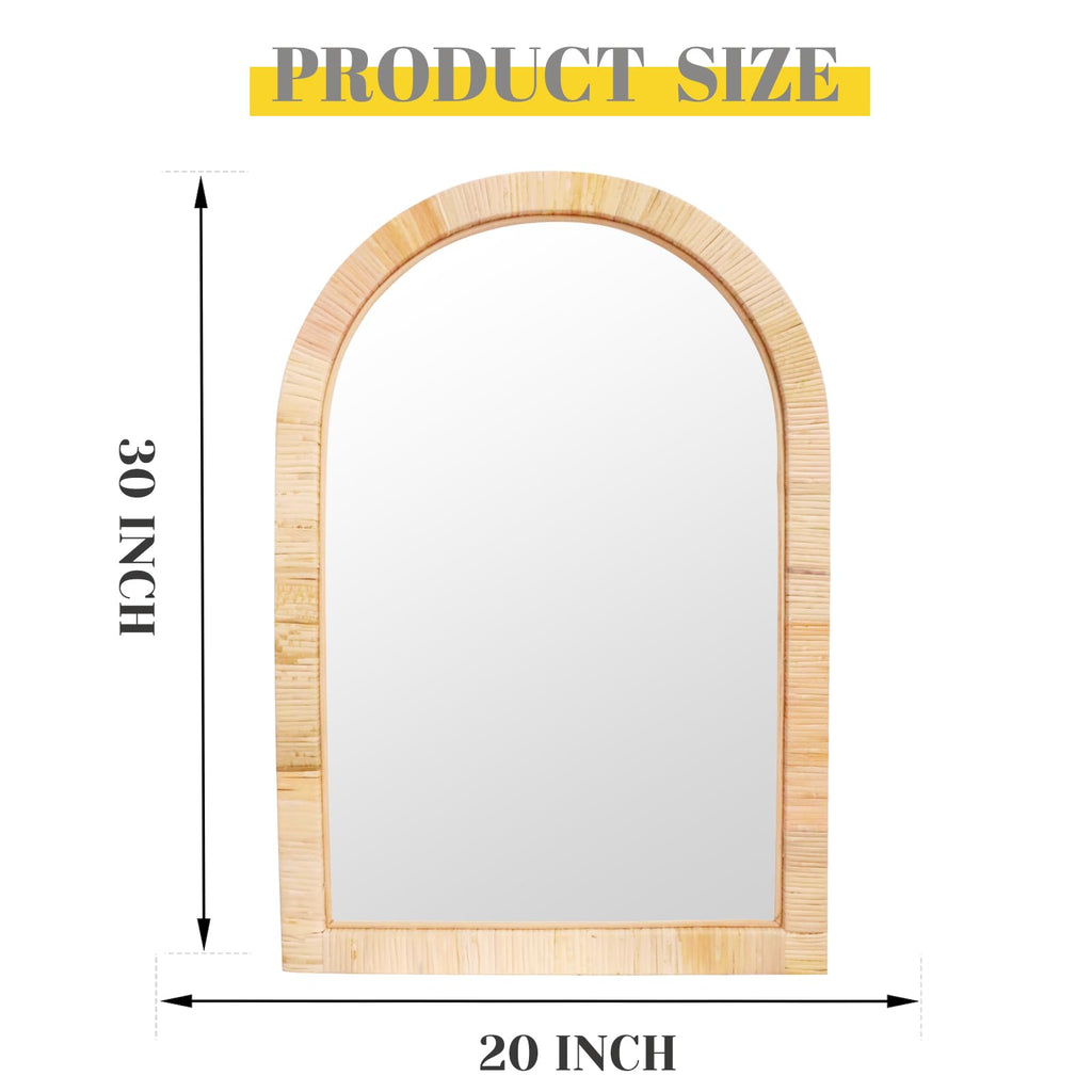 Rattan Mirror, Arch Boho Bathroom Mirror for Wall, 20x30 Wicker Vanity Mirror Décor, Coastal Farmhouse Wood Mirror