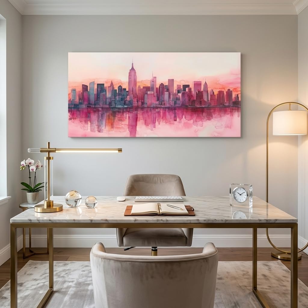 York City Skyline Canvas Wall, Pink Watercolor Manhattan Cityscape Print, Modern Urban Decor Bedroom Office
