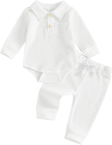 Baby Boy Clothes Solid Waffle Knit Long Sleeve Button Up Collared Romper Long Pants Set Fall Winter Outfits