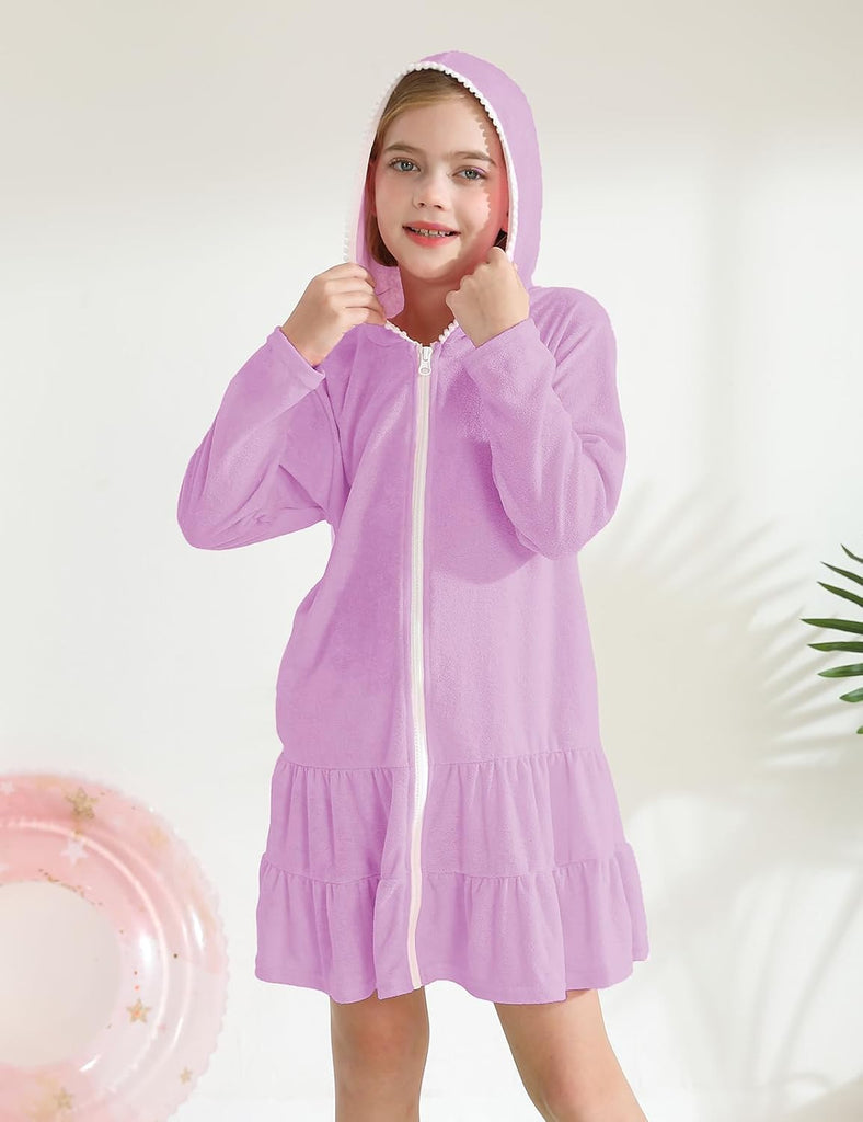 Girls Swim Cover Up Kids Long Sleeve Swimsuit Coverup Terry Beach Pool Clothes with Sunglasses