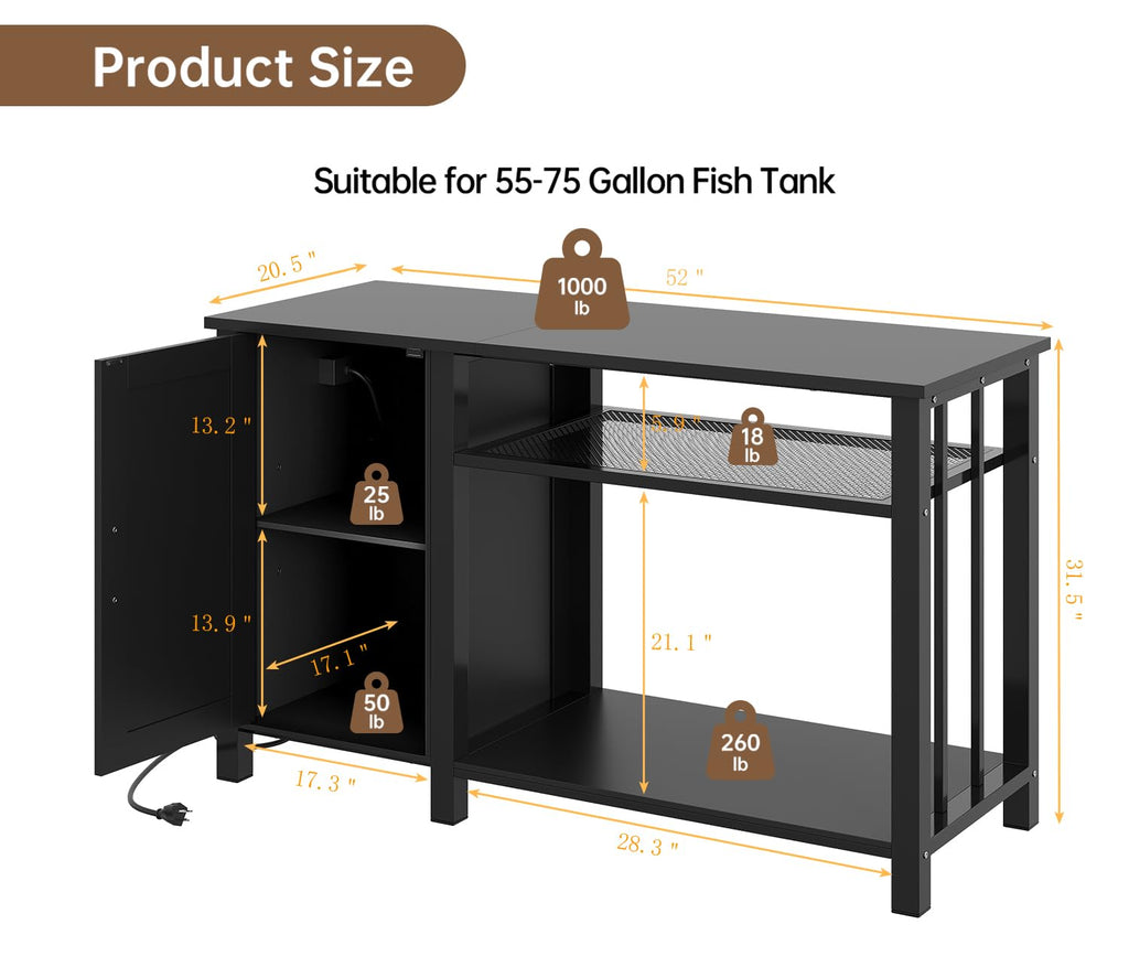 55-75 Gallon Fish Tank Stand with Power Outlet & Adjustable Shelf, Heavy Duty Aquarium Stand with Cabinet Storage for