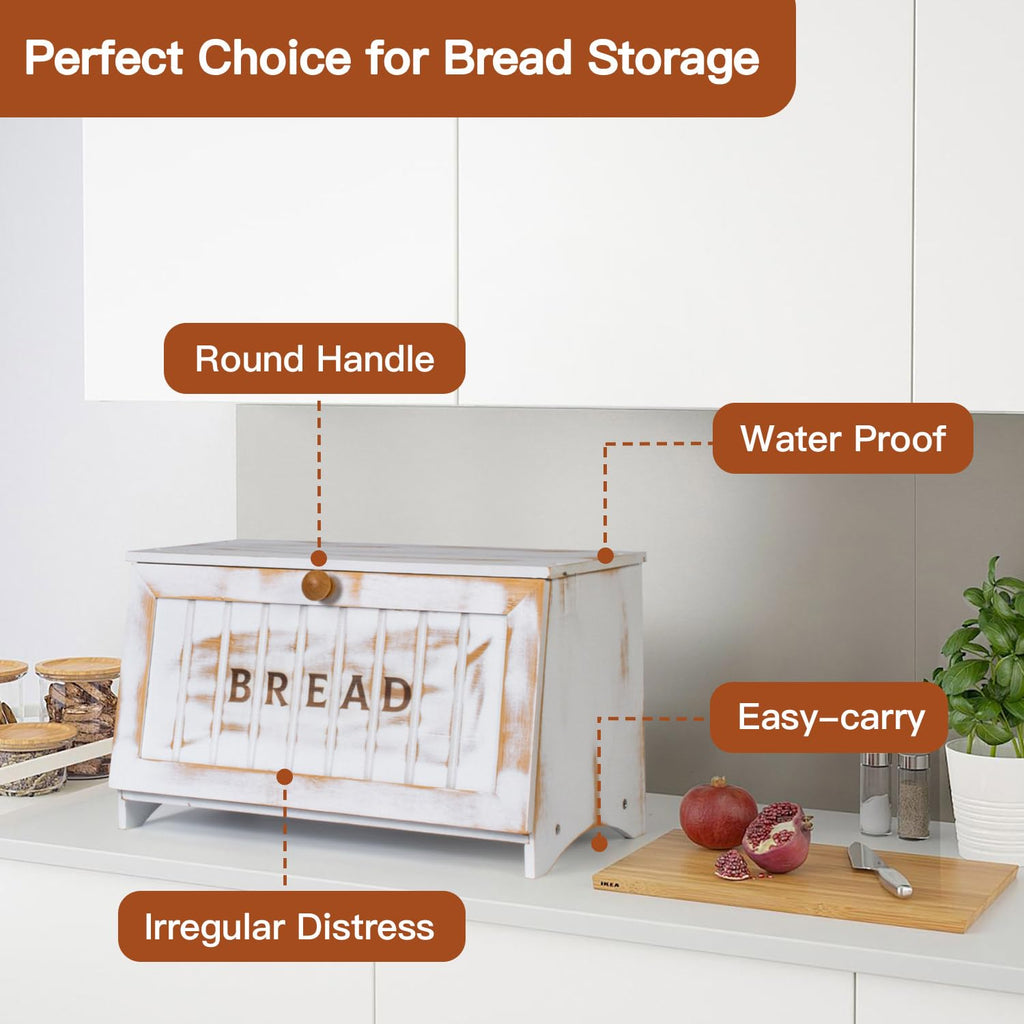 Bamboo Countertop, White Vintage Wooden Counter Breadbox, Single Layer Rustic Wood Large Capacity Bread Storage
