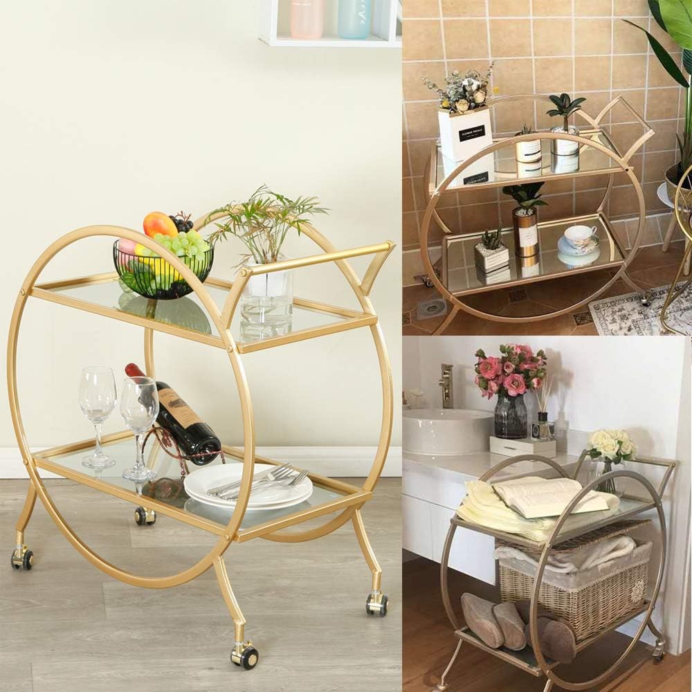 Bar Cart with 2 Mirrored Shelves, Modern Metal Bar Serving Cart, Gold Round Bar Carts for The
