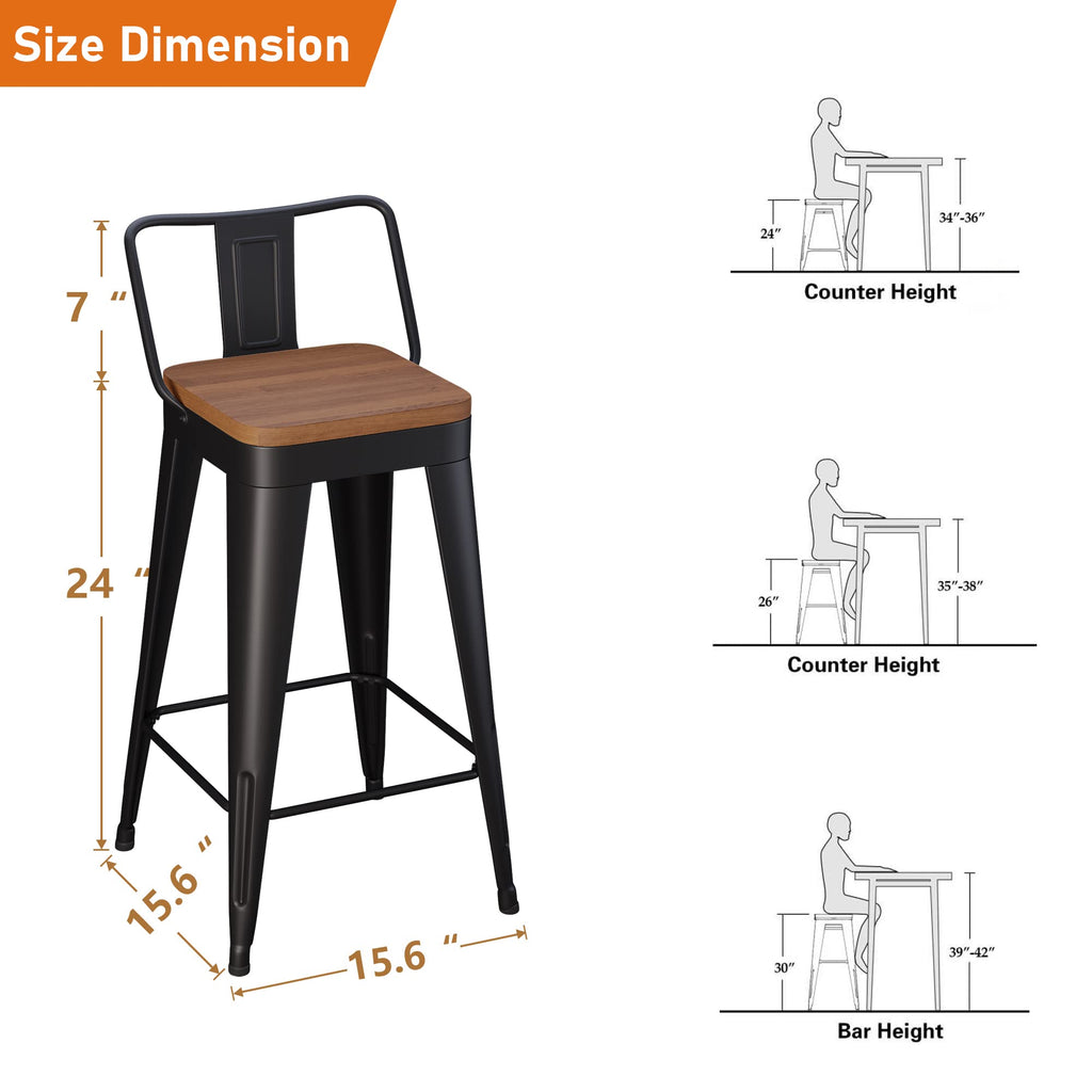 Bar Stools Set of 4 Metal Bar Stool Counter Height Bar Stools Black, Modern 24" Bar Chairs with Back and Wooden Seat