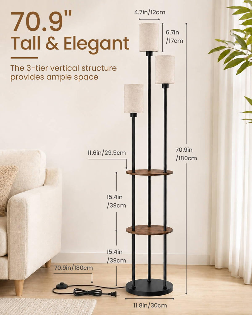 71" Floor Lamp with Shelves, 3-Tier Standing Light, Black and Beige