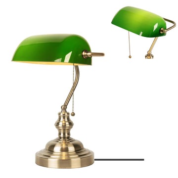 Green Glass Bankers Desk Lamp,Green Bankers Lamp with Brass Finish Base, Traditional Library Lamp with Pull Chain