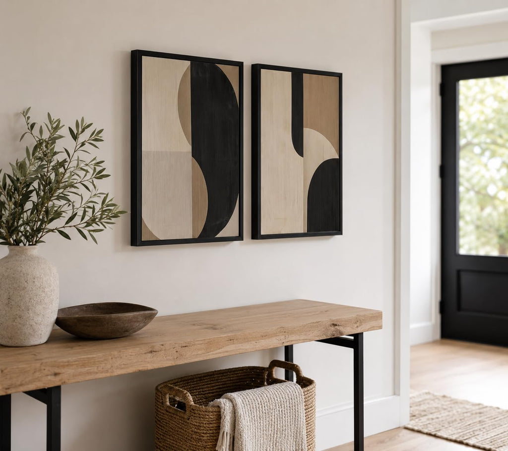 Framed Abstract Geometric Wall Art Beige Black Modern Canvas Print Modern Painting Poster Picture Gallery Artwork